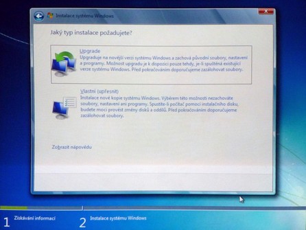Výběr upgradu v instalátoru Windows 7 (fotografie obrazovky)