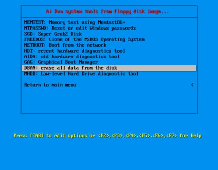 Spuštění DBAN skrz SystemRescueCD – výběr nástroje DBAN