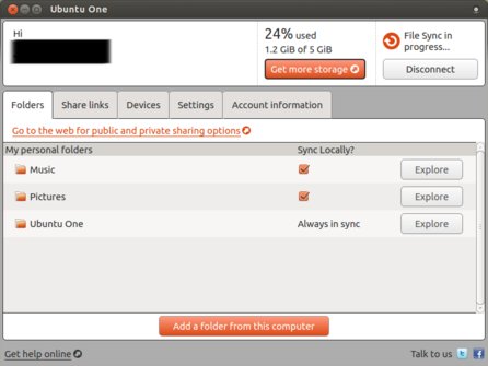 Vzhled aplikace Ubuntu One