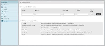 Správa CardDAV serverů (včetně příkladů URL pro různé servery)
