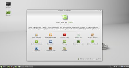 Uvítací obrazovka po spuštění systému v prostředí Cinnamon