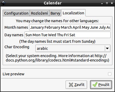 Kalendář, záložka Localization před úpravami