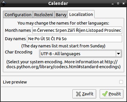 Kalendář, záložka Localization po přeložení do češtiny﻿﻿﻿﻿