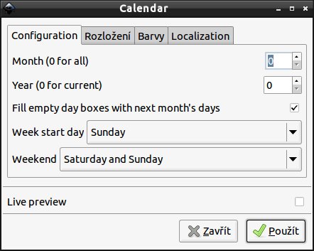 Kalendář, záložka Configuration ve výchozím stavu