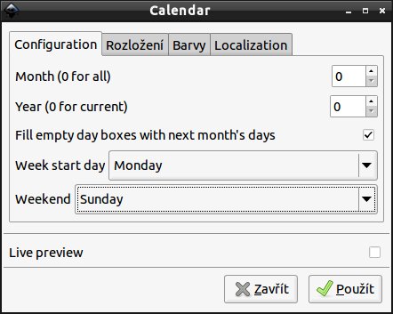 Kalendář, záložka Configuration po změnách