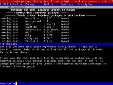 Správa balíčku nástrojem dselect v distribuci Debian 3.0