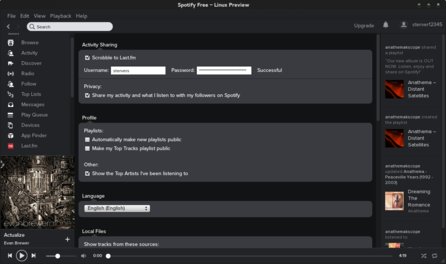 Nastavenia Spotify s možnosťou prihlásenia sa na Last.fm. Všimnite si aj samostatnú aplikáciu Last.fm v ľavom menu.