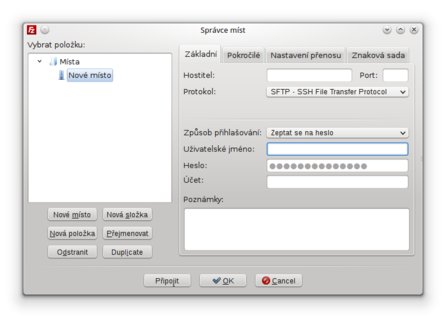Správce míst v programu FileZilla