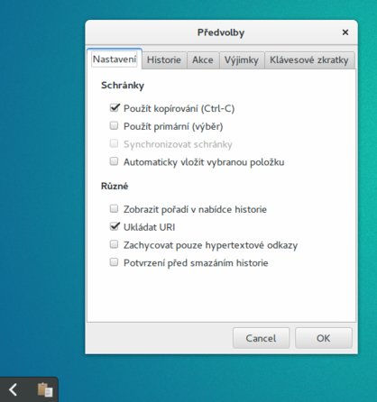 Nastavení programu ClipIt, vlevo dole je vidět vysouvací ikona v prostředí GNOME