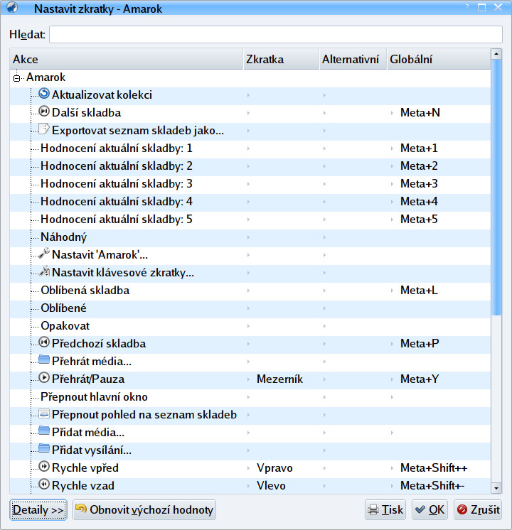Totožné nastavení klávesových kombinací přímo z Amaroku