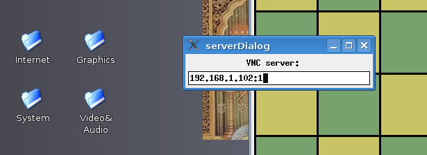 Klient vncviewer vás uvíta oknom, kde uvediete IP adresu vzdialeného počítača (PC2).