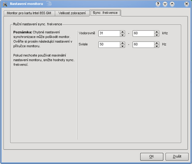 Nastavení rozsahu synchronizačních kmitočtů monitoru