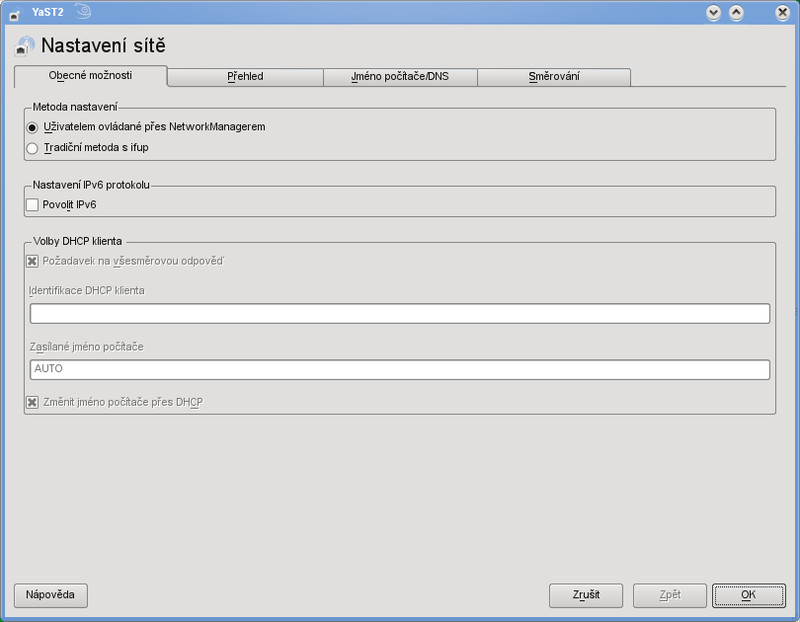 Nastavení sítě - obecné možnosti