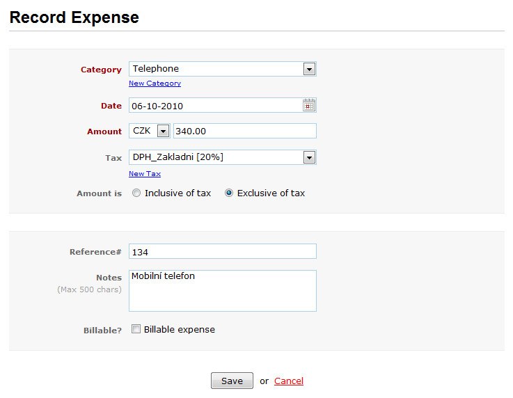 Zoho Invoice - formulář pro vložení záznamu o nákladech