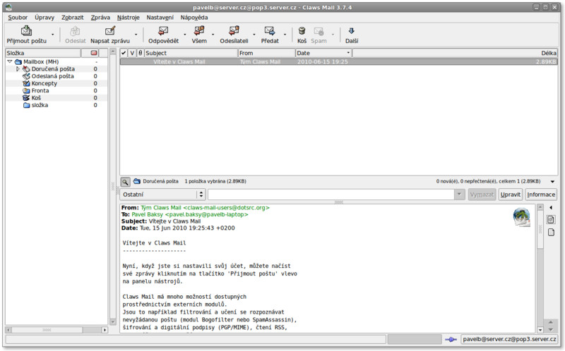 Základní okno Claws Mailu