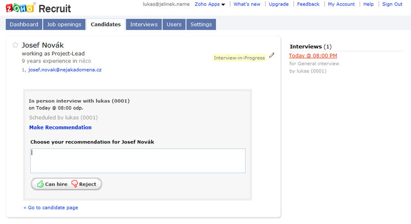 Zoho Recruit – doporučení ohledně kandidáta