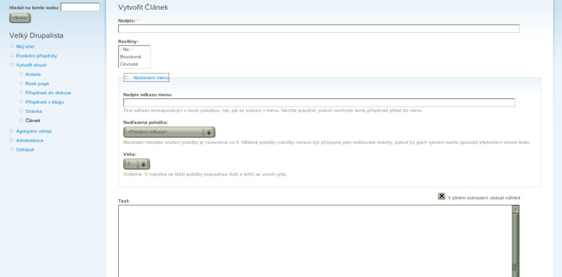 Vytvoření článku: nadpis, kategorie, menu a vlastní text