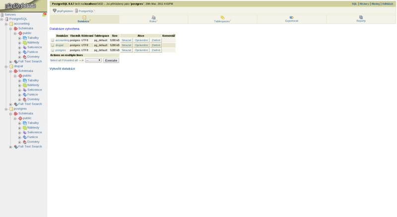 phppgadmin: Pohled na nově vytvořené databáze