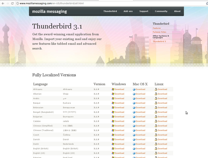 Web s nabídkou lokalizací a platforem Thunderbirdu