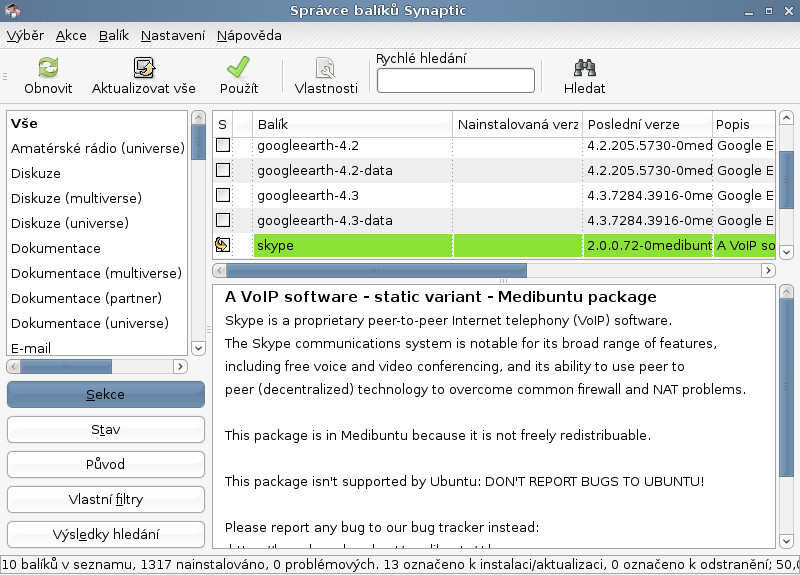 Správce balíků Synaptic v Linux Mint 6 (Ubuntu)