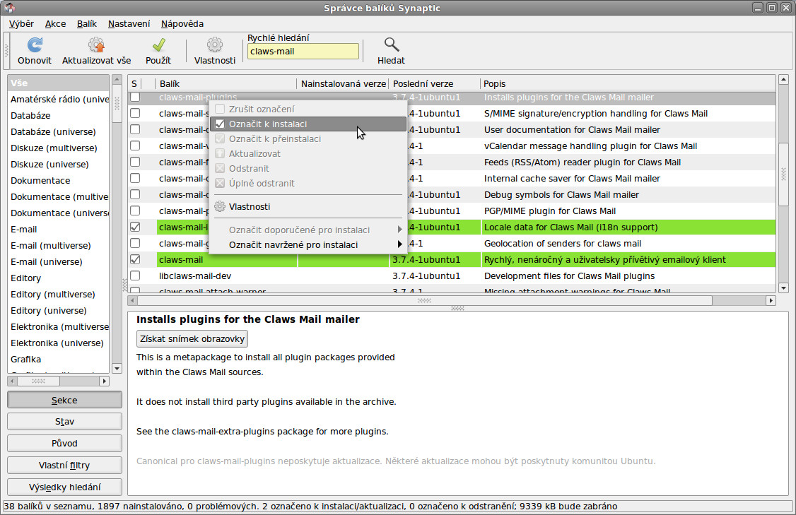 Instalace Claws Mailu pomocí Správce balíků Synaptic na Ubuntu