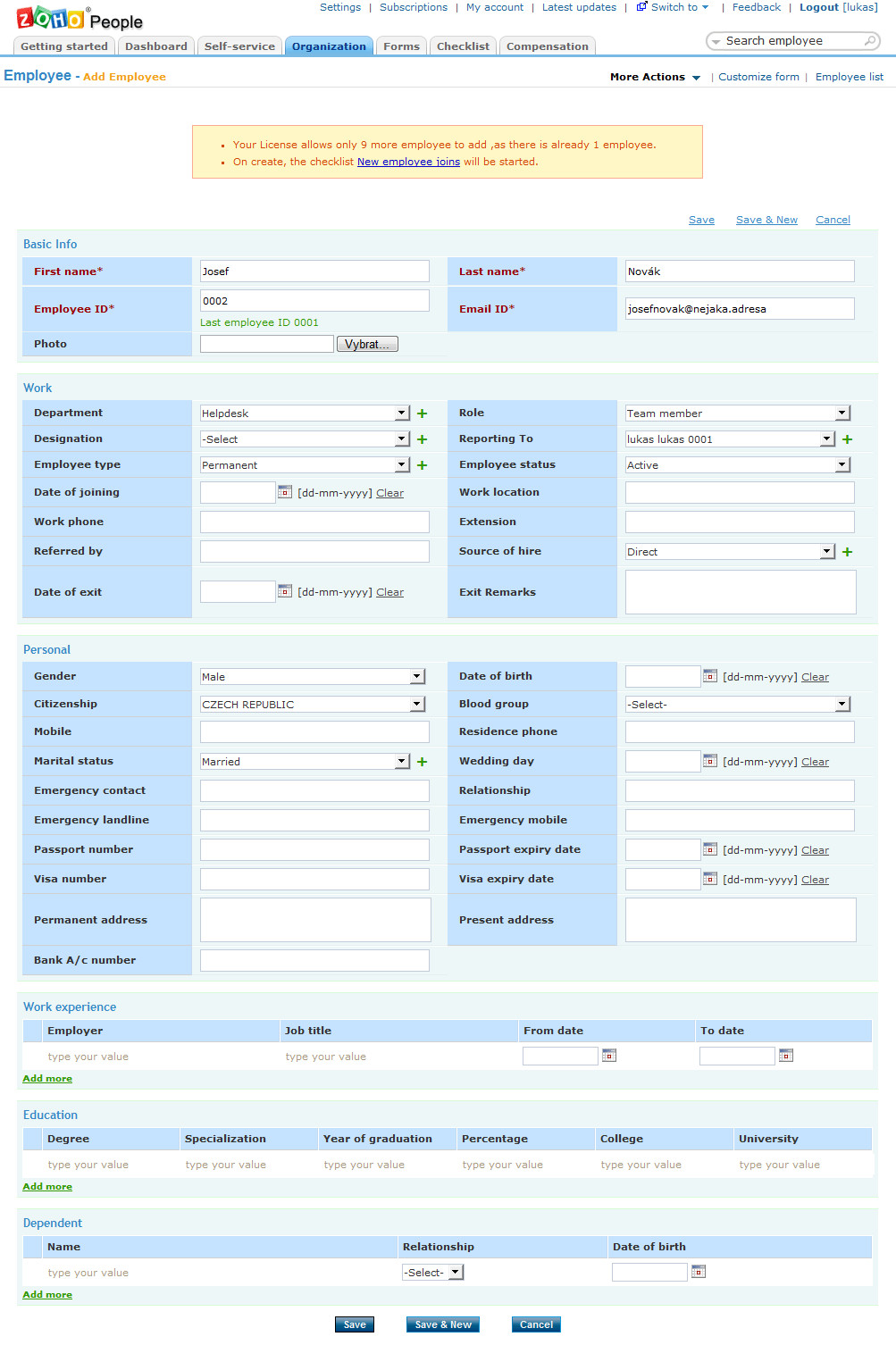 Zoho People – formulář pro přidání zaměstnance