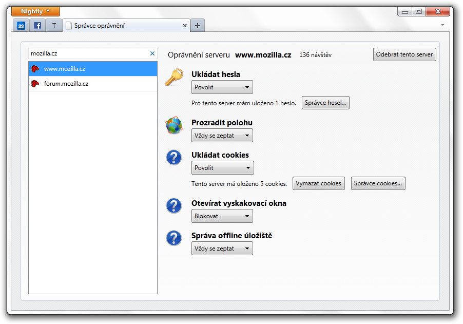 Mozilla Firefox 6 – Správce oprávnění﻿