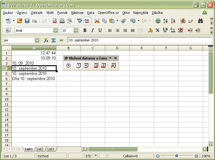 Vložené dátumové a časové údaje v dokumente modulu Calc
