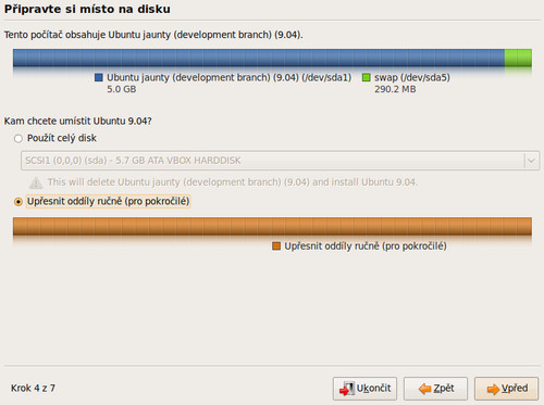 Rozdělení disku při instalaci