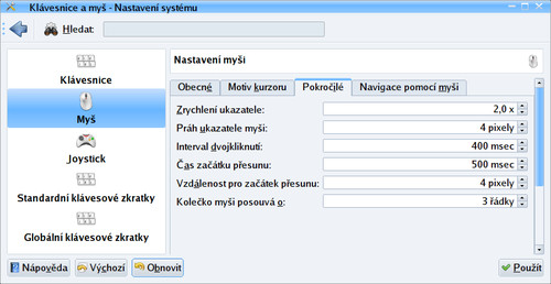 Podrobné volby pro nastavení myši