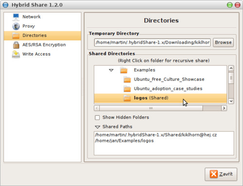 Settings/Directories - výběr složek pro sdílení