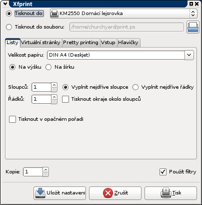 Dialog tisku Xfprint