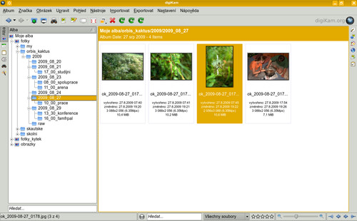 Základní vzhled digiKamu. Vlevo je navigační nabídka se spoustou možností, vpravo prostor pro náhledy. Dole jsou základní inform
