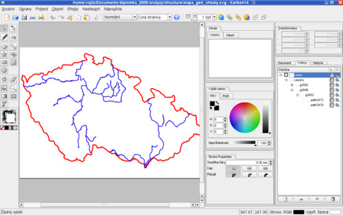 Obrázek v SVG otevřený v Karbon14. Vlevo jsou základní nástroje, vpravo další volby (barvy, vrstvy apod.).