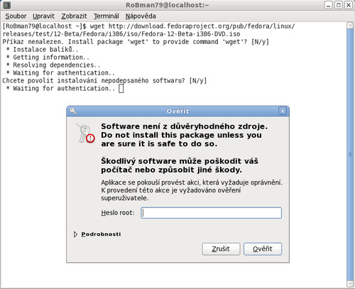Nemáte wget? Nevadí, Fedora ho sama nabídne k instalaci