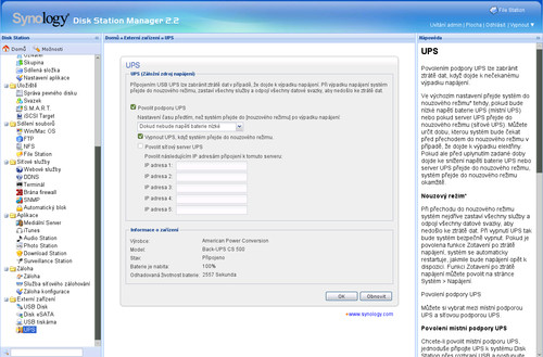 Nastavení záložního zdroje UPS