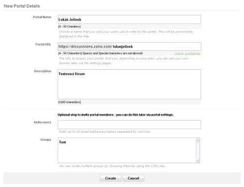 Zoho Forums - vytvoření nového portálu