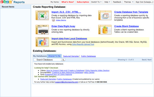 Zoho Reports - úvodní stránka