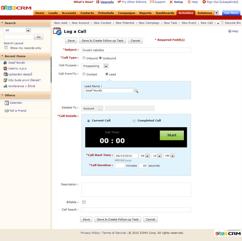 Zoho CRM - telefonát