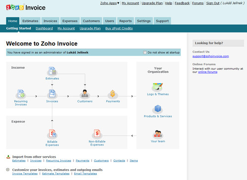 Zoho Invoice - úvodní stránka