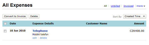 Zoho Invoice - přehled záznamů o nákladech