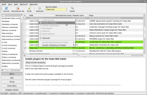 Instalace Claws Mailu pomocí Správce balíků Synaptic na Ubuntu