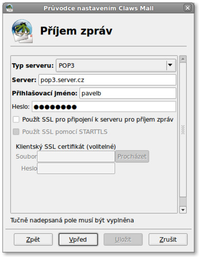 Dále vyplňte servery pro příchozí poštu