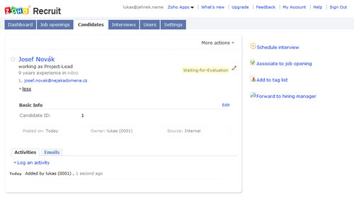 Zoho Recruit – vložený kandidát