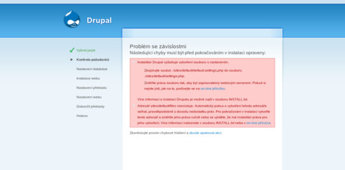 Upozornění, že jste zapomněli zkopírovat settings.php