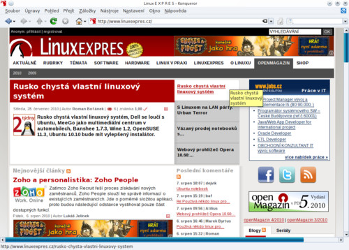 Úvodní stárnka LinuxEXPRESu vykreslená pomocí WebKitu