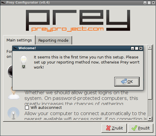 První spuštění konfiguračního programu na Linuxu