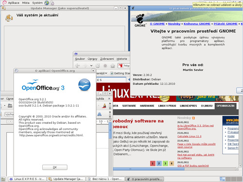 GNOME plné okének – vidět jsou informace o GNOME, OpenOffice.org, dál je spuštěný Update Manager a na pozadí i Iceweasel (přejme