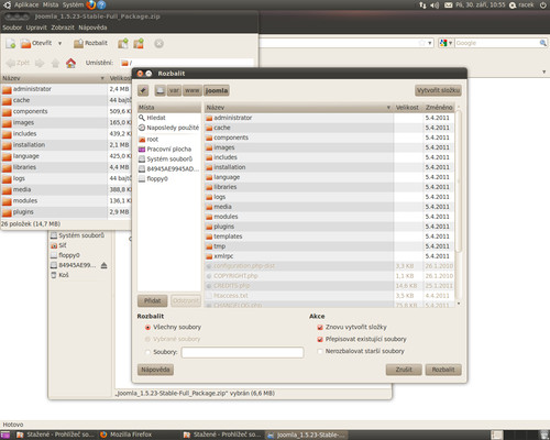 Rozbalení archivu s Joomlou