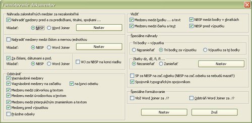 Nastavovanie niektorých parametrov pre typografické opravy textov